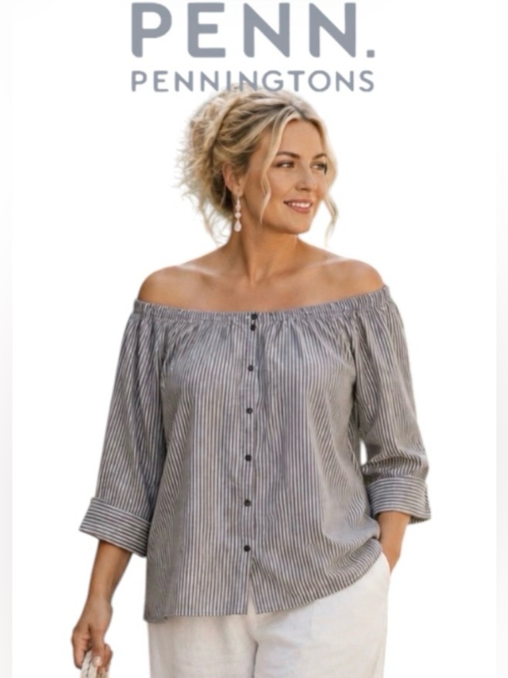 5X “In Every Story” Striped Button-Front Off-the-Shoulder Top in Gray and White